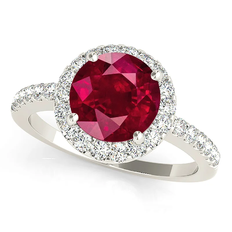 multi-layer rings for women-2.35 ct. Genuine Ruby Ring With Delicate Halo And Thin Diamond Shank