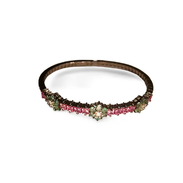 boho-chic bracelets for women-Stunning 18K White Gold Pink Sapphire Diamond Tsavorite Floral Bangle Bracelet