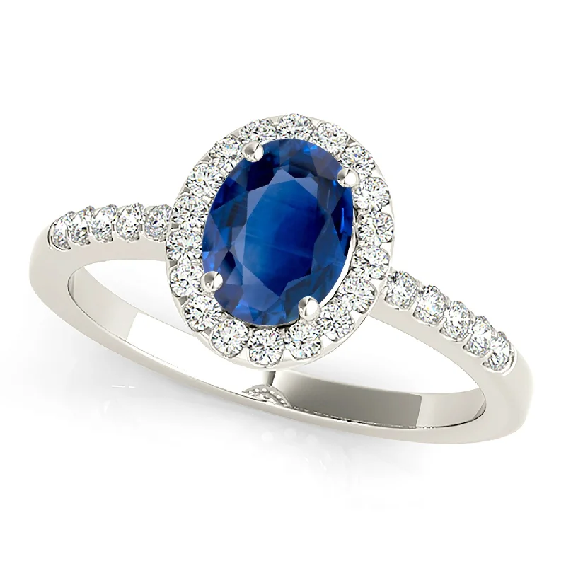 high-end rings for women-1.50 ct. Genuine Blue Oval Sapphire Ring Halo Style