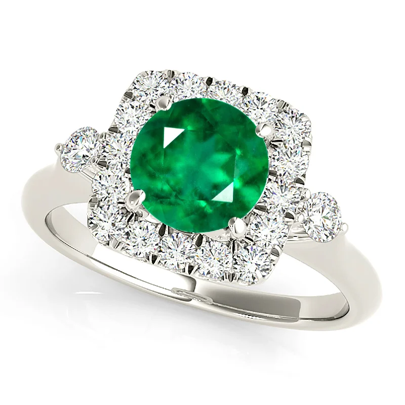 romantic rings for women-2.00 ct. Genuine Round Emerald Ring With Square Halo, Side Accent Diamonds