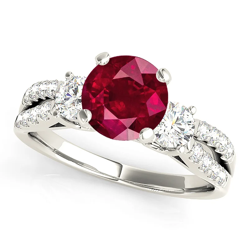 boho rings for women-2.35 ct. Genuine Ruby Ring With Side Diamonds And Split Diamond Band