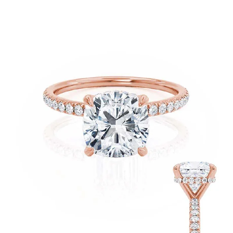 engagement rings with diamonds for women-LIVELY - Cushion Lab Diamond 18k Rose Gold Petite Hidden Halo Pavé Shoulder Set