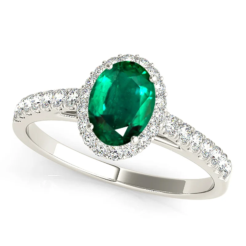 large gemstone rings for women-1.30 ct. Genuine Oval Emerald With Halo And Thin Diamond Band