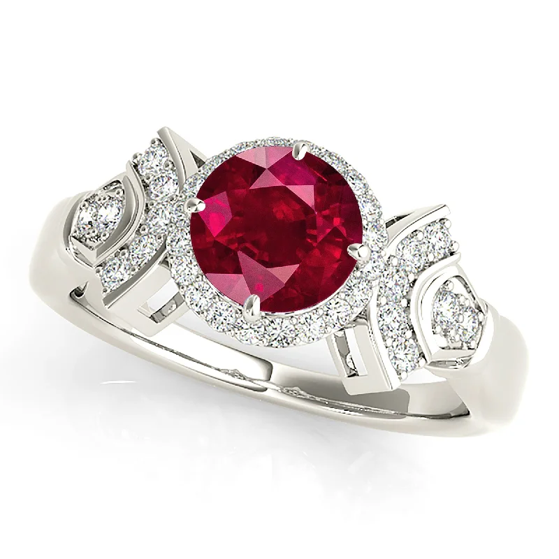 modern wedding rings for women-1.45 ct. Genuine Ruby Ring With  Halo And Fancy Design Diamond Band