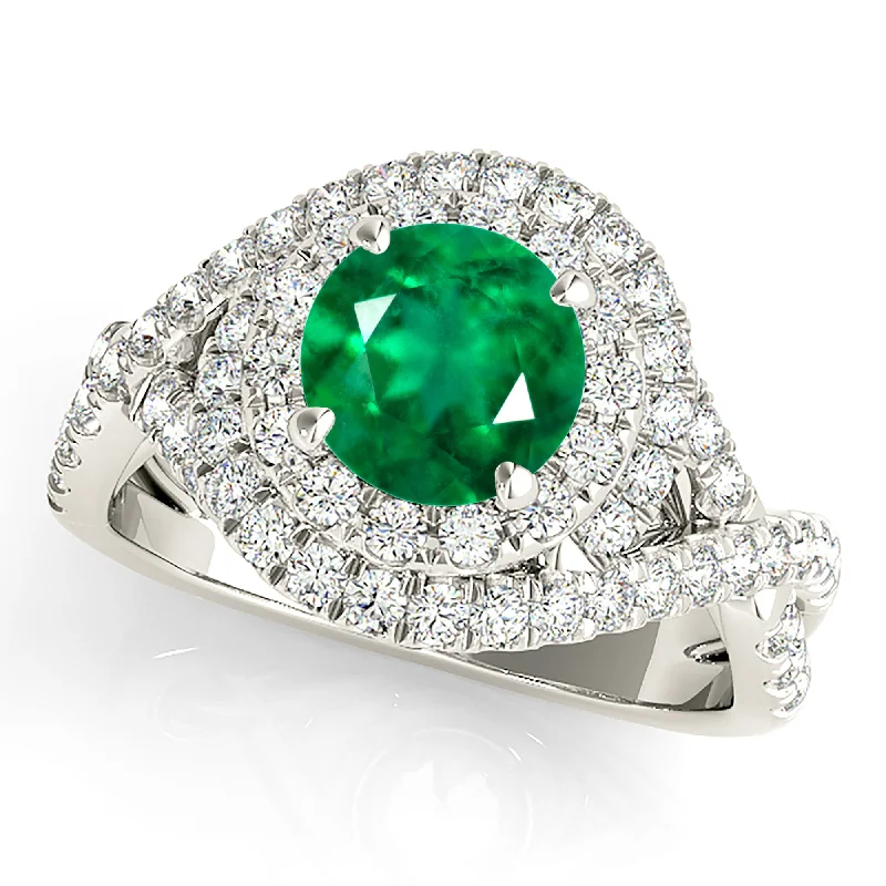 modern wedding rings for women-1.15 ct. Genuine Emerald Ring With Swirl Halo and Twist Diamond Band