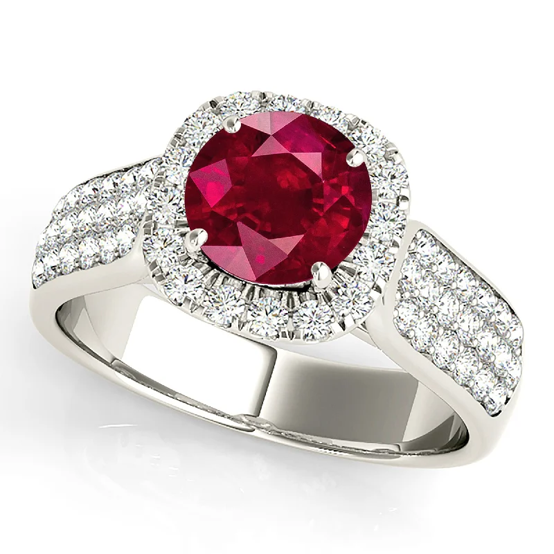 adjustable gemstone rings for women-1.35 ct. Genuine Ruby Ring With Halo And Triple Row Diamond Band