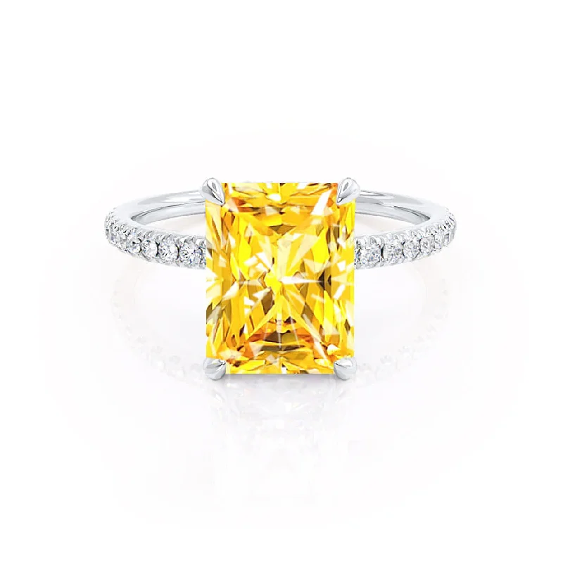 vintage diamond engagement rings for women-LIVELY - Chatham® Radiant Yellow Sapphire & Diamond 18k White Gold Petite Hidden Halo Pavé Shoulder Set Ring