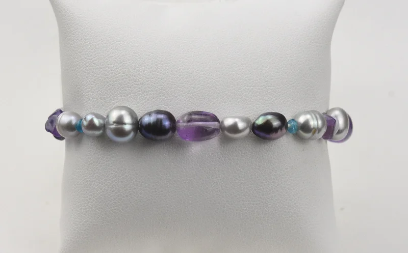 geometric bangles for women-Amethyst, Blue Chalcedony, Multi Color Freshwater Pearl Elastic Bracelet