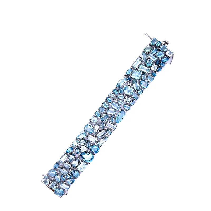 contemporary cuff bracelets for women-Aquamarine Diamond 14k White Gold Wide Cluster Bracelet