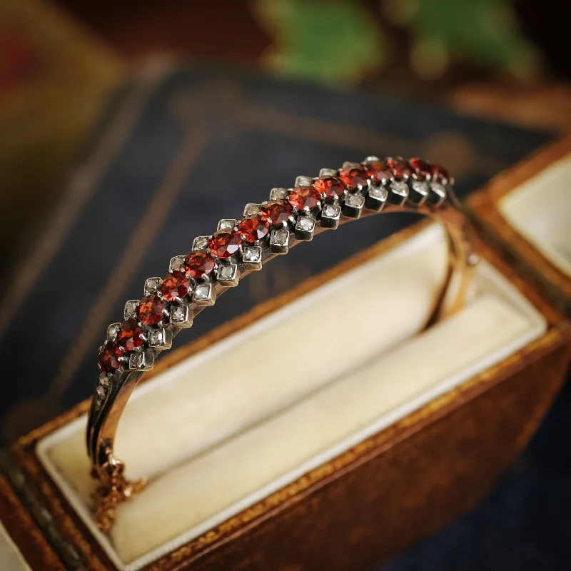 vintage bangles for women-Antique Date 1895 Hessonite Garnet and Rose-cut Diamond Bangle Bracelet