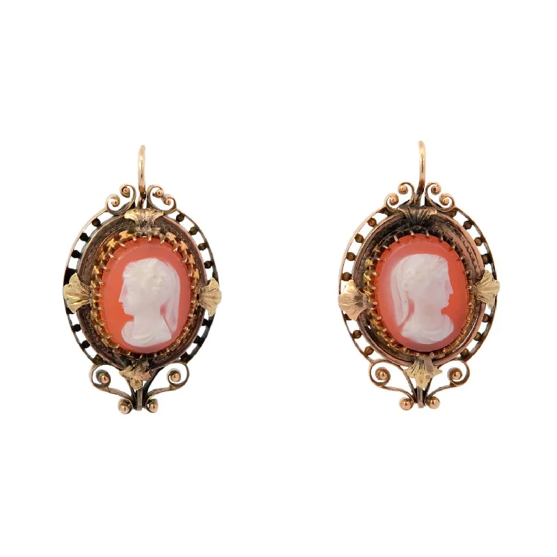 affordable earrings for women-Victorian 14k Sardonyx Hardstone Lady Faces Cameo Earrings