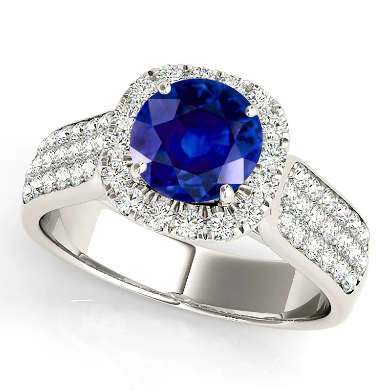 adjustable rings for women-1.35 ct. Genuine Blue Round Sapphire Ring Cushion Halo Style