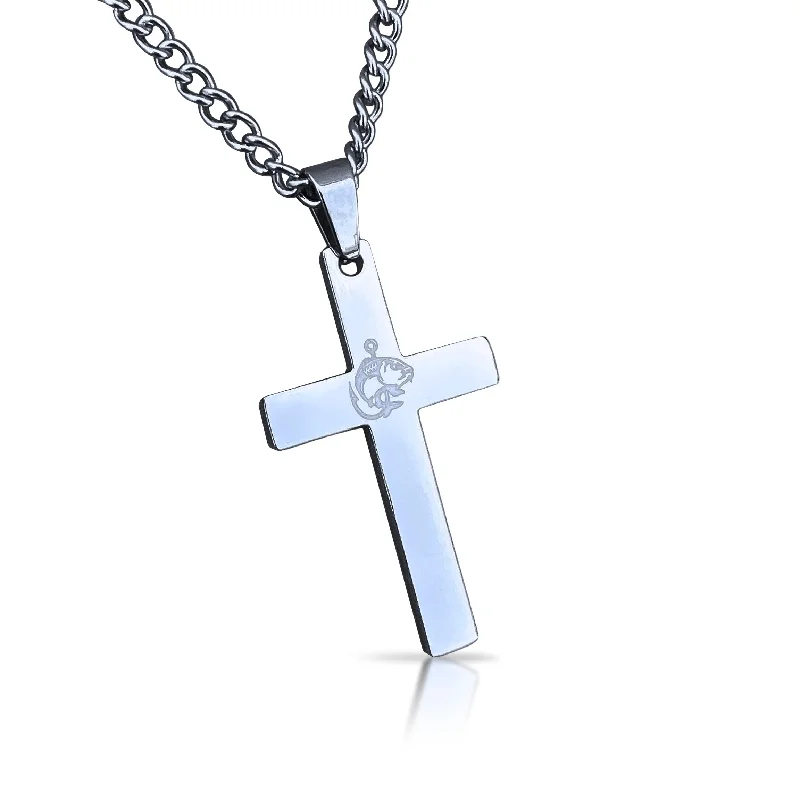 wedding necklaces for women-Fishing Cross Pendant With Chain Necklace - Stainless Steel