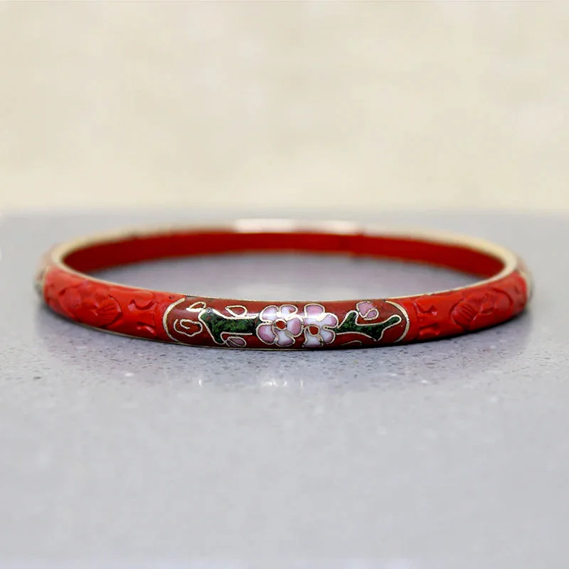 boho-chic bracelets for women-Cinnabar Bangle with Cloisonné Flowers