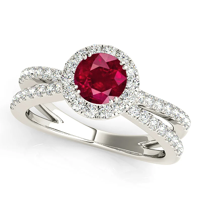 luxurious diamond rings for women-1.35 ct. Genuine Ruby Ring With Halo And Split Diamond Shank