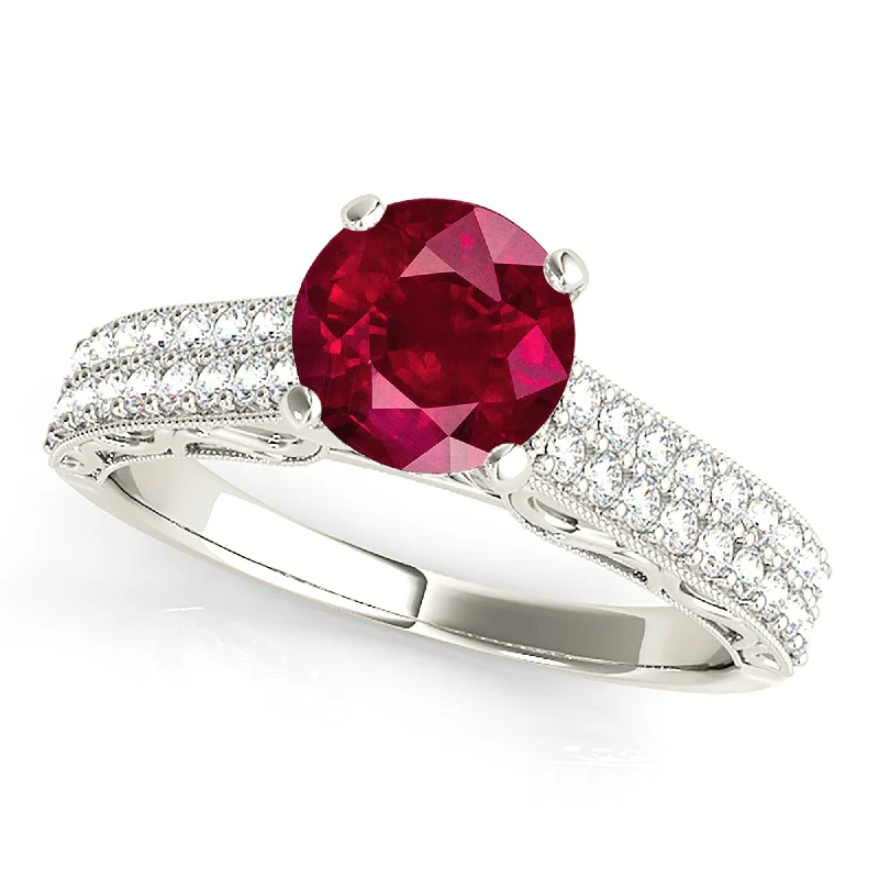 oversized rings for women-1.35 ct. Genuine Solitaire Ruby Ring with Double Row Diamond Band