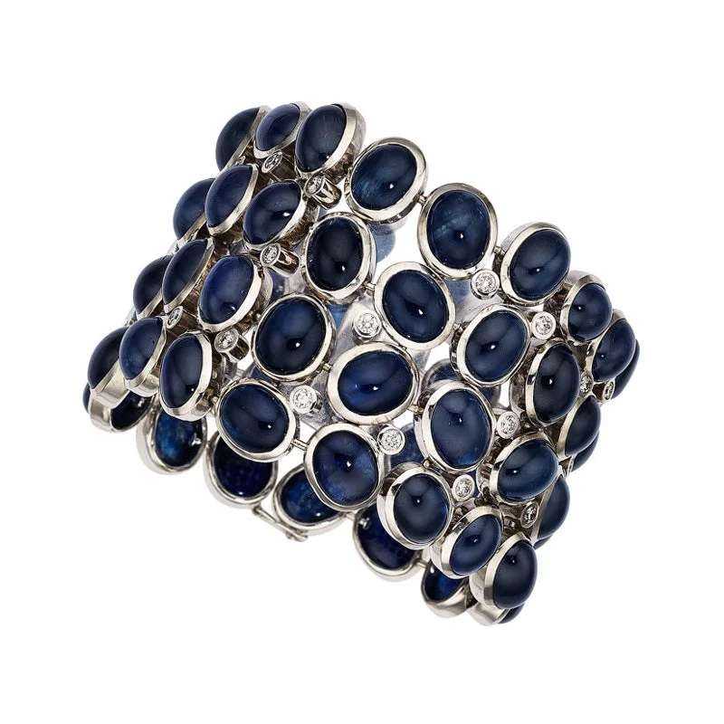 fancy bangles for women-Large Cabochon Blue Sapphire Diamond Gold Bracelet