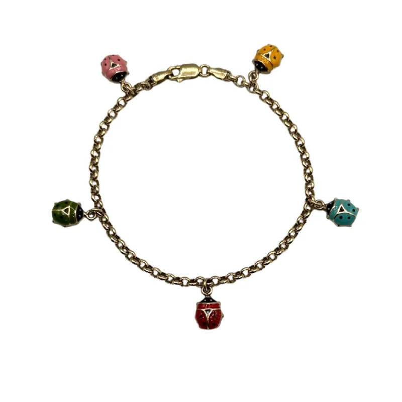 bohemian bracelets for women-Vintage Italian 10k Gold Rolo Link Bracelet with Enamel Ladybug Charms