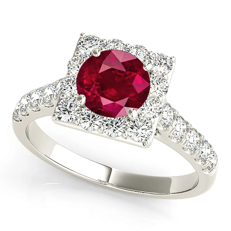 stylish wedding rings for women-1.35 ct. Genuine Ruby Ring With Square Halo And Simple Diamond Band