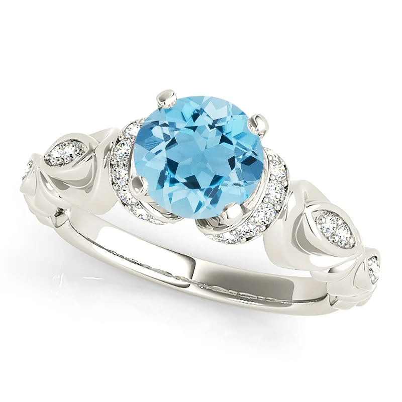 birthstone rings for women-1.75 ct. Genuine Aquamarine Ring With Hand Carved, Floral Delicate Band