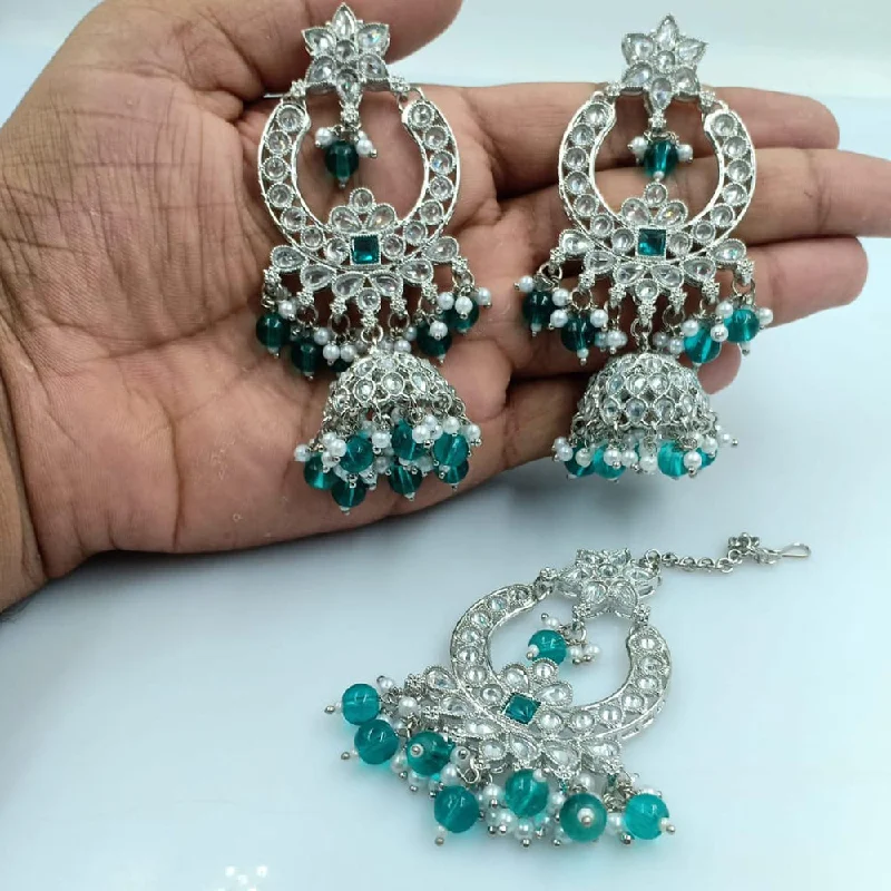 statement earrings for women-Rani Sati Jewels Silver Plated Reverse AD Jhumki Earrings With Maangtikka