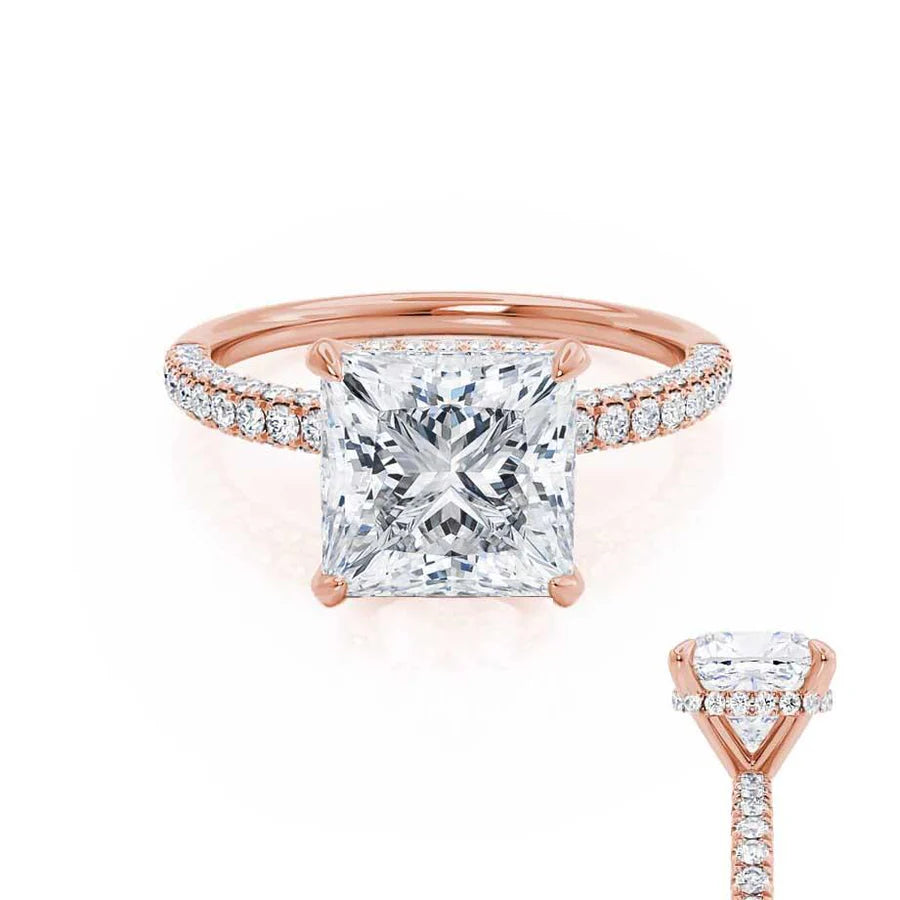 yellow gold engagement rings for women-COCO - Princess Lab Diamond 18k Rose Gold Hidden Halo Triple Pavé Shoulder Set