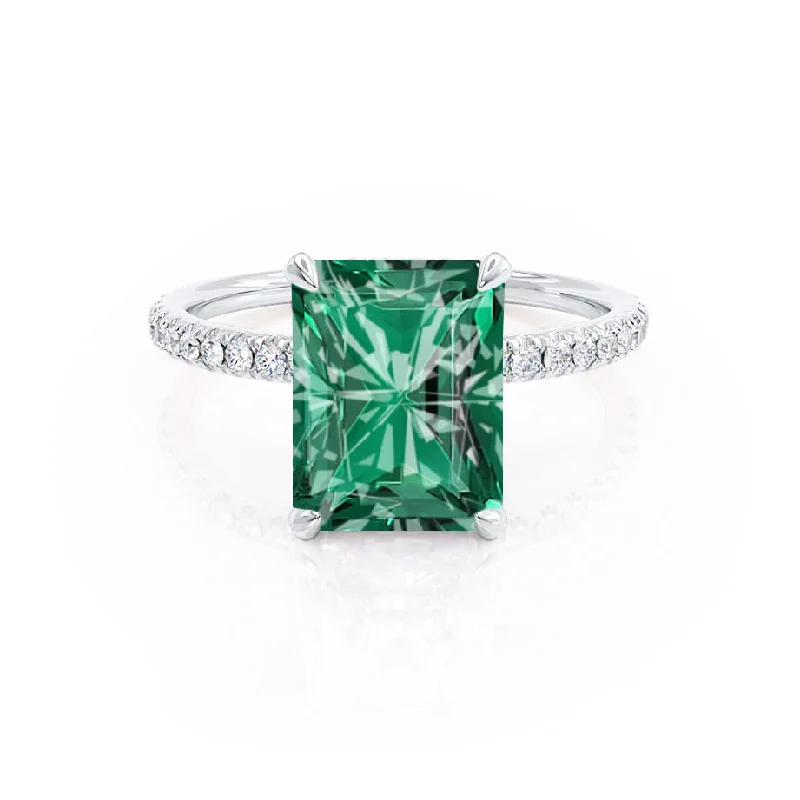 classic gold engagement rings for women-LIVELY - Chatham® Radiant Emerald & Diamond 18k White Gold Petite Hidden Halo Pavé Shoulder Set Ring