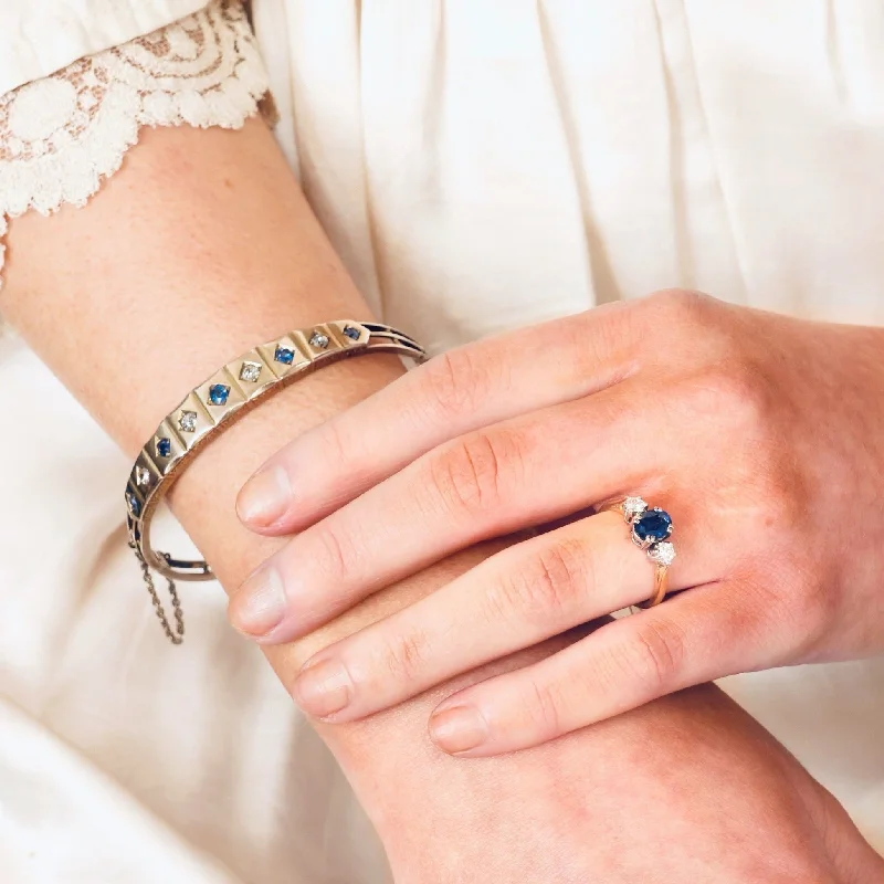 cuff bangles for women-Antique Edwardian Sapphire & Diamond Bangle Bracelet