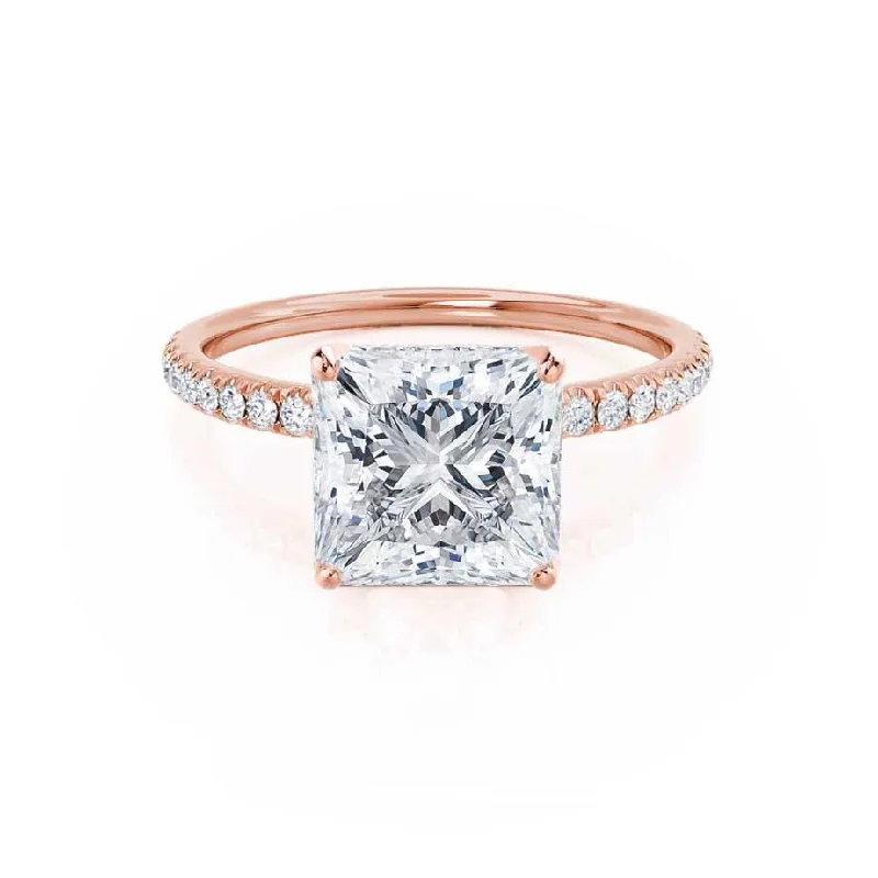 anniversary engagement rings for women-MACY - Princess Moissanite & Diamond 18k Rose Gold Petite Pavé Ring