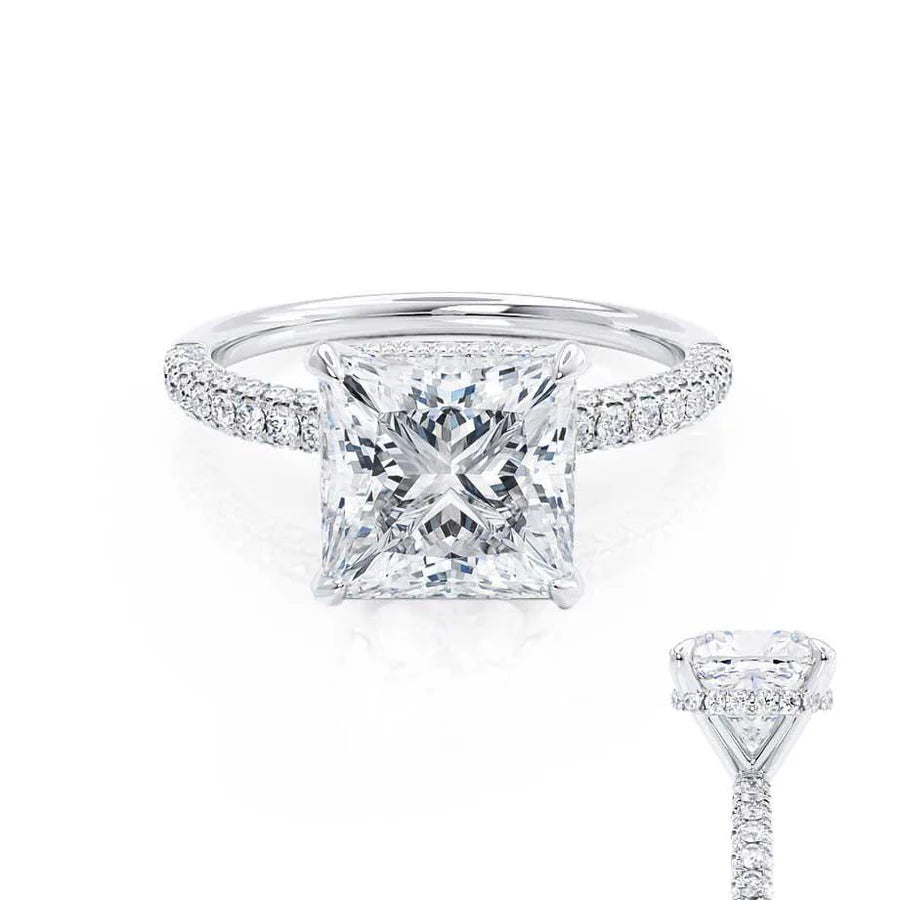 affordable diamond engagement rings for women-COCO - Princess Lab Diamond 950 Platinum Hidden Halo Triple Pavé Shoulder Set