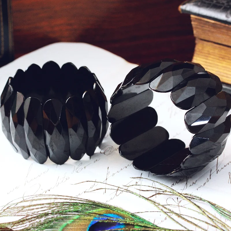 infinity bangles for women-Fabulous Matching Pair of Whitby Jet Cuff Bracelets