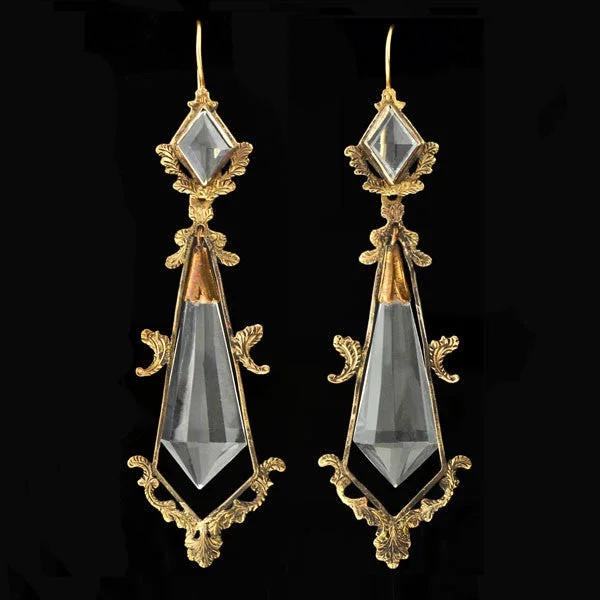 hoop earrings for everyday wear-Victorian Long 14kt Faceted Rock Crystal Earrings