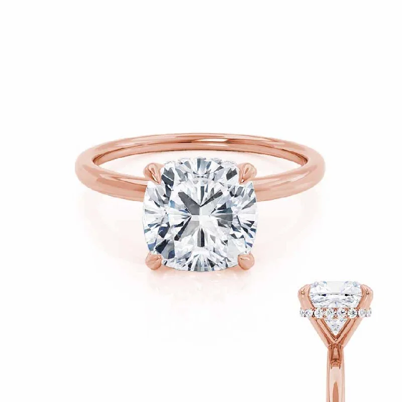 diamond engagement rings with bands for women-PARIS - Cushion Moissanite & Diamond 18k Rose Gold Hidden Halo