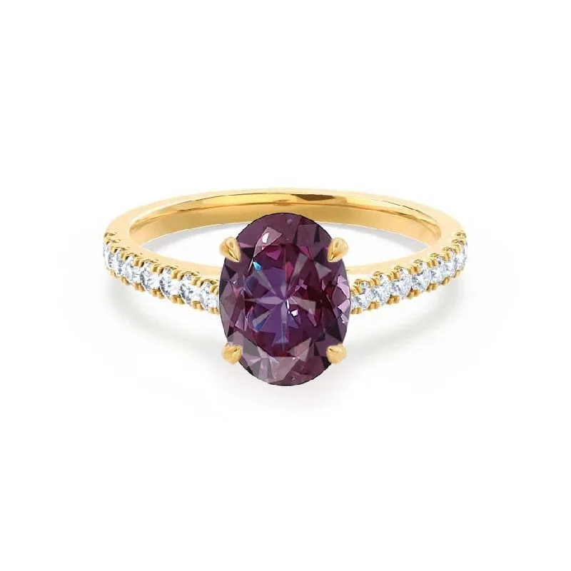 sparkling engagement rings for women-VIOLA - Chatham® Alexandrite Oval & Diamond 18k Yellow Gold Shoulder Set Ring