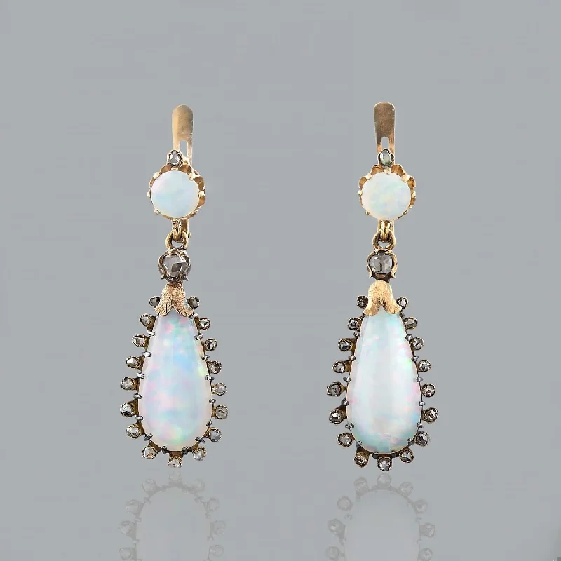 heart-shaped earrings for women-Early Victorian 18k Opal and Diamond Dangle Earrings