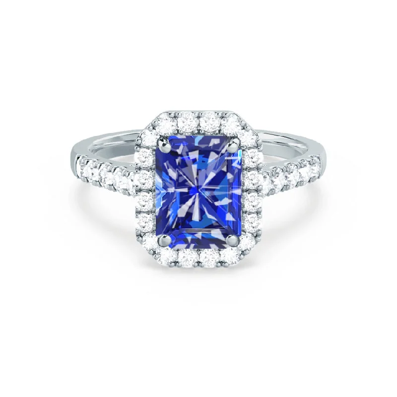 vintage-style engagement rings for women-ESME - Chatham® Radiant Lab-Grown Blue Sapphire & Diamond Platinum 950 Halo