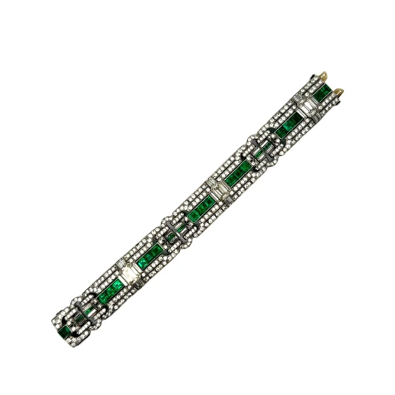 high-quality bangles for women-Superb Art Deco Diamond Emerald Platinum Bracelet, Circa 1929