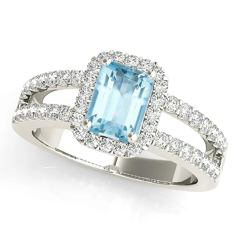 handmade rings for women-1.00 ct. Genuine Emerald Cut Aquamarine Ring With Halo