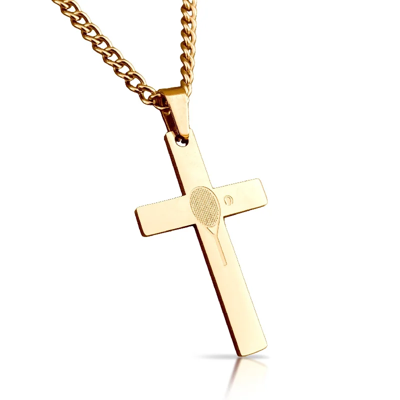 unique necklaces for women-Tennis Cross Pendant With Chain Necklace - 14K Gold Plated Stainless Steel