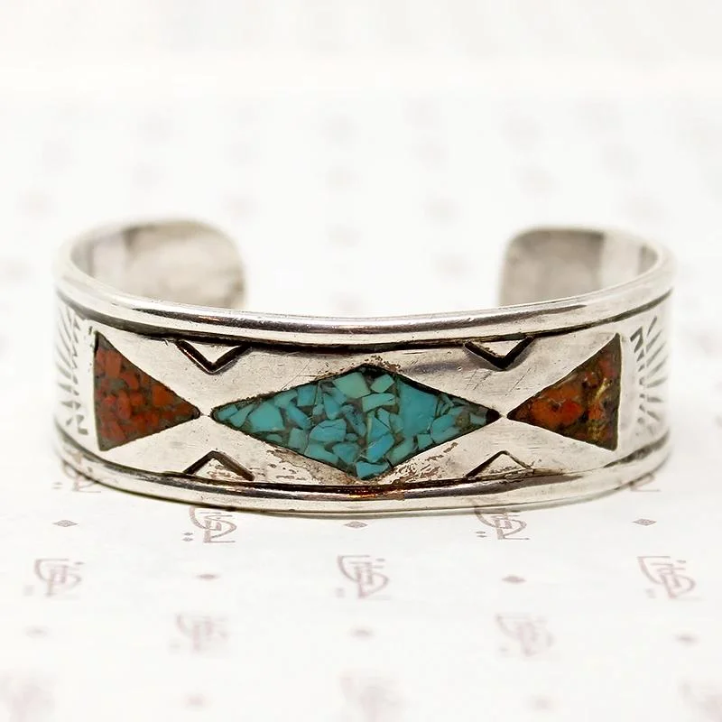 silver-plated bangles for women-Handsome Signed Silver Cuff with Inlay