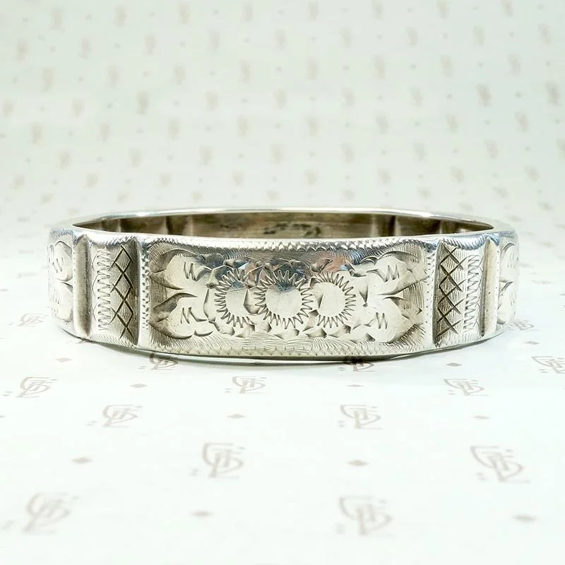 high-end bangles for women-Flowers & Laces Engraved 19th Century Silver Bangle