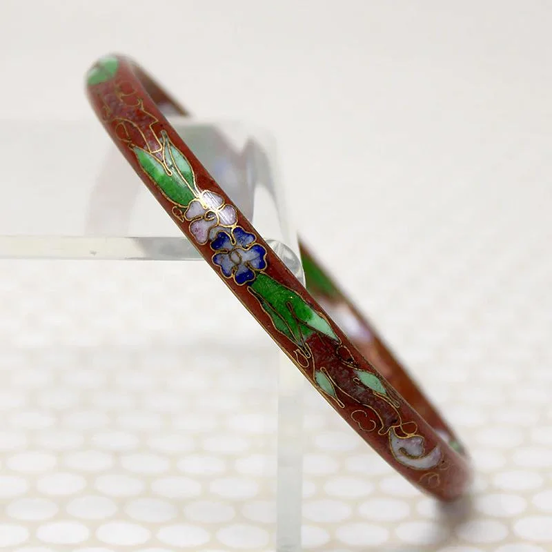 diamond bracelets for women-Pretty Red Cloisonné Bangle with Pink & Blue Flowers