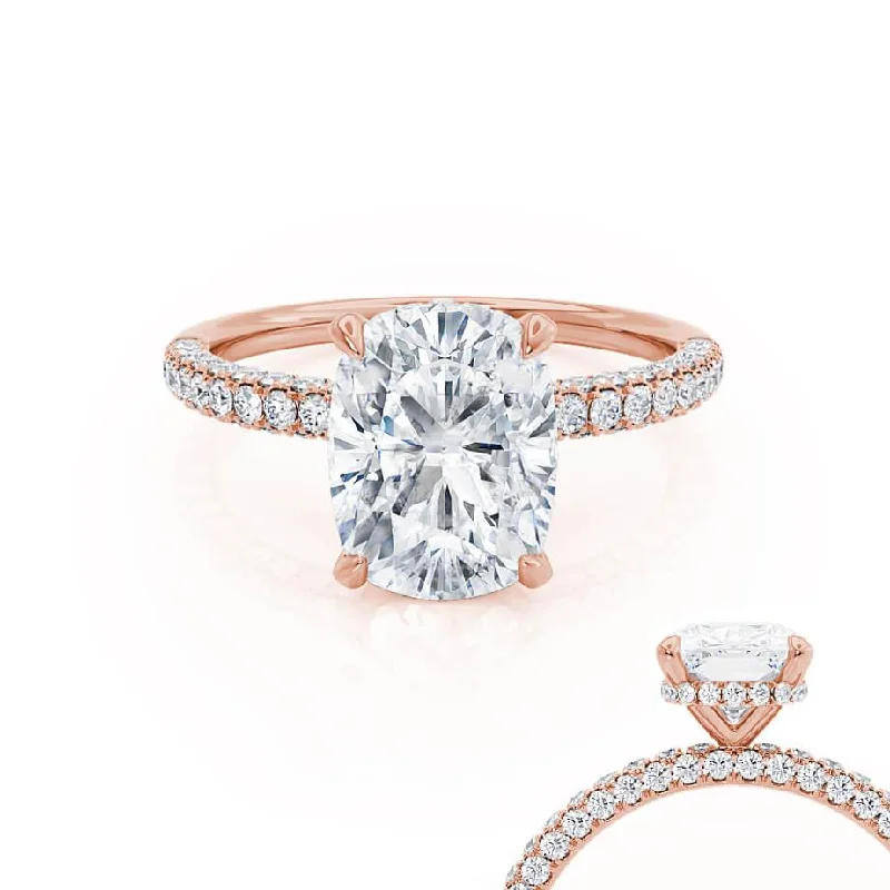 simple solitaire engagement rings for women-COCO - Elongated Cushion Moissanite & Diamond 18k Rose Gold Petite Hidden Halo Triple Pavé Ring