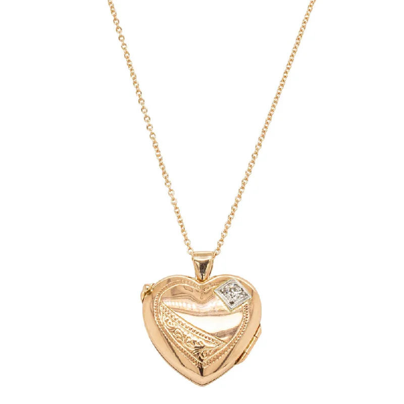 gemstone pendant necklaces for women-Vintage 9ct Yellow Gold Diamond Engraved Heart Locket