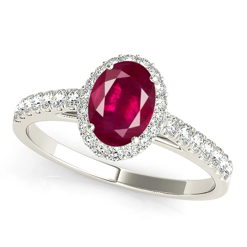 sapphire rings for women-1.55 ct. Genuine Oval Ruby Ring With Halo And Delicate Diamond Band