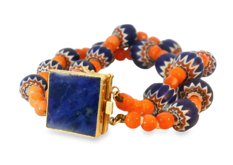 statement bracelets for women-Unique 14K Yellow Gold Designer Red Undyed Coral 2-Strand Lapis Lazuli Bracelet