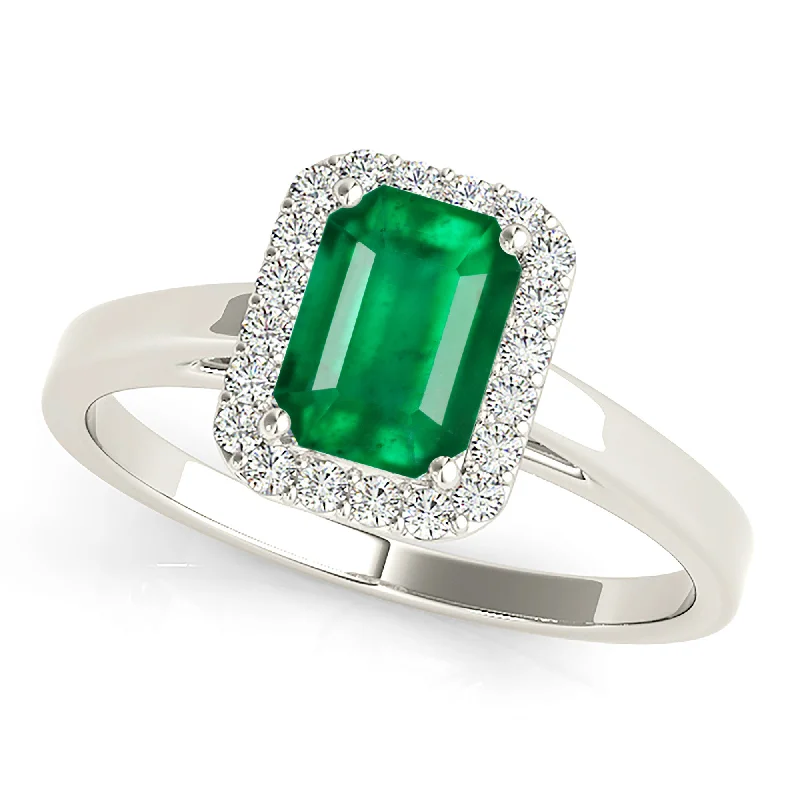 stackable gemstone rings for women-1.00 ct. Genuine Emerald Ring With Halo and Solid Gold Band