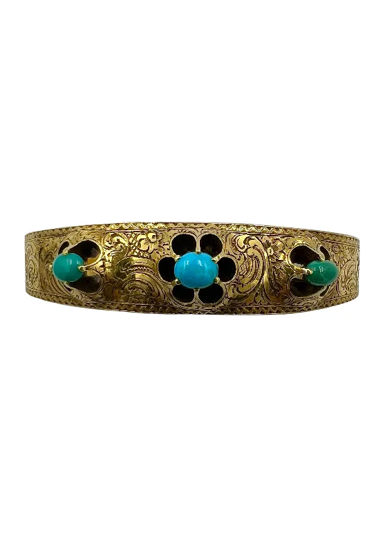 hand-beaded bangles for women-Victorian Turquoise Yellow Gold Bangle Bracelet