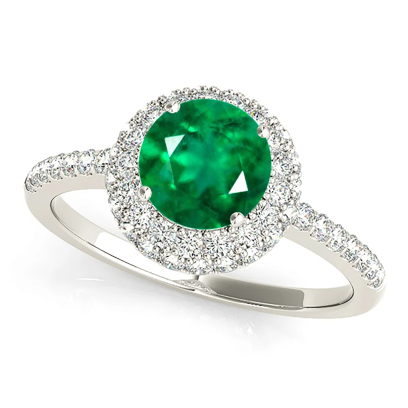 trendy rings for women-1.15 ct. Genuine Emerald Ring With Halo And Delicate Diamond Band