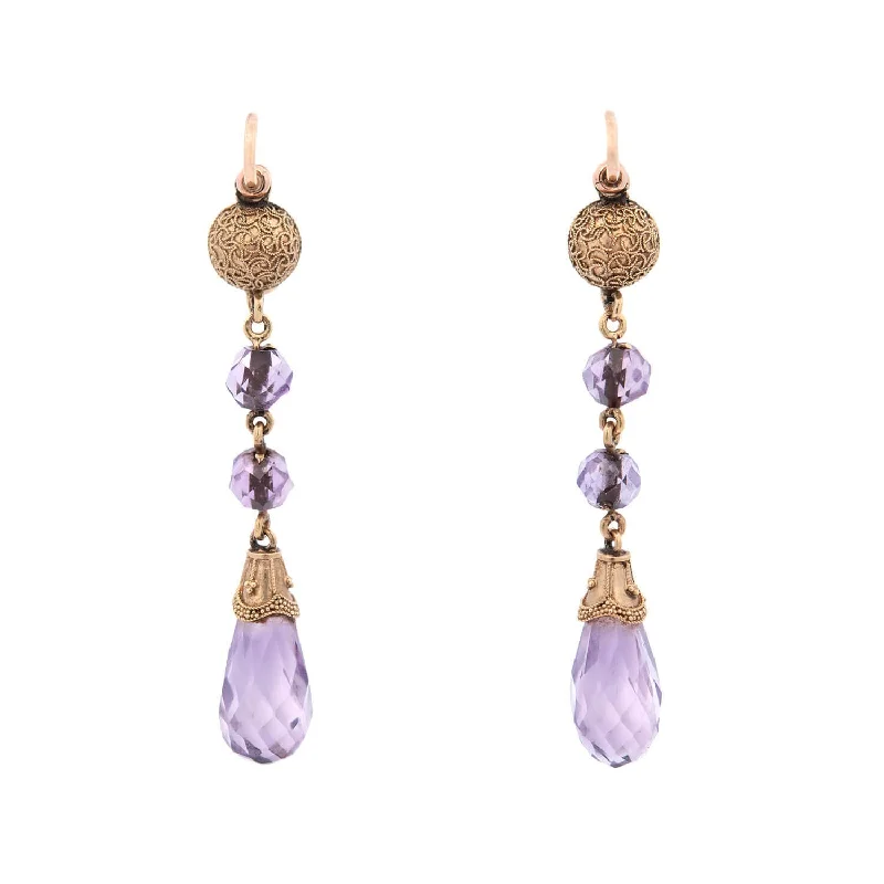 high-quality stud earrings for women-Victorian 14k Etruscan Faceted Amethyst Drop Earrings